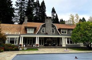 Cedar roof on stone house